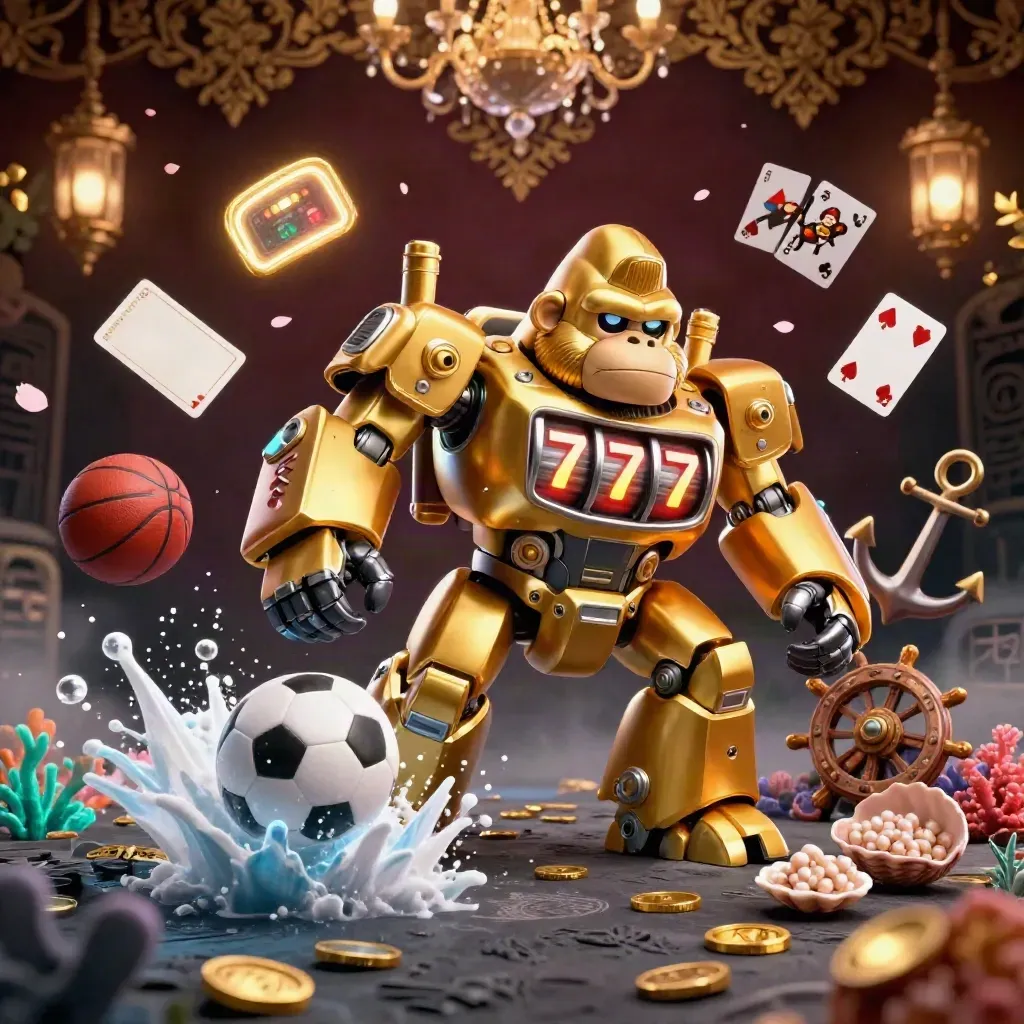 Golden gorilla mech with monkey pilot in an underwater treasure cove, coins, balls, and glowing effects.