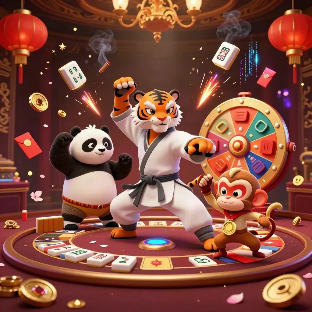 Kung-fu tiger, panda, and monkey in a luxe casino scene with gold, lanterns, and glowing cards.