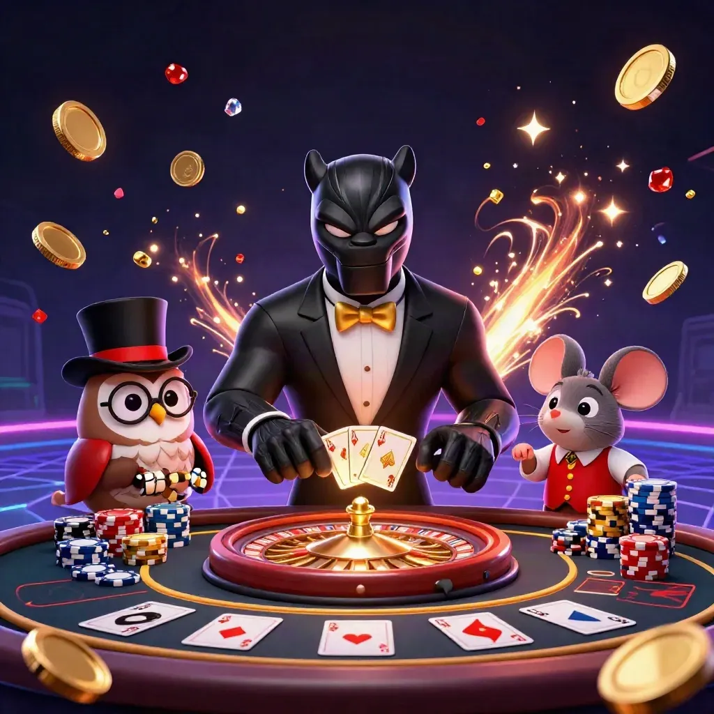 Panther, owl, and mouse amid spinning chips, coins, cards, and fireworks