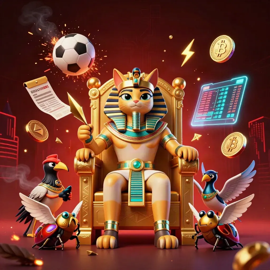 Pharaoh cat, ibis scribe, scarabs, coins and sports balls erupt in a neon casino scene.