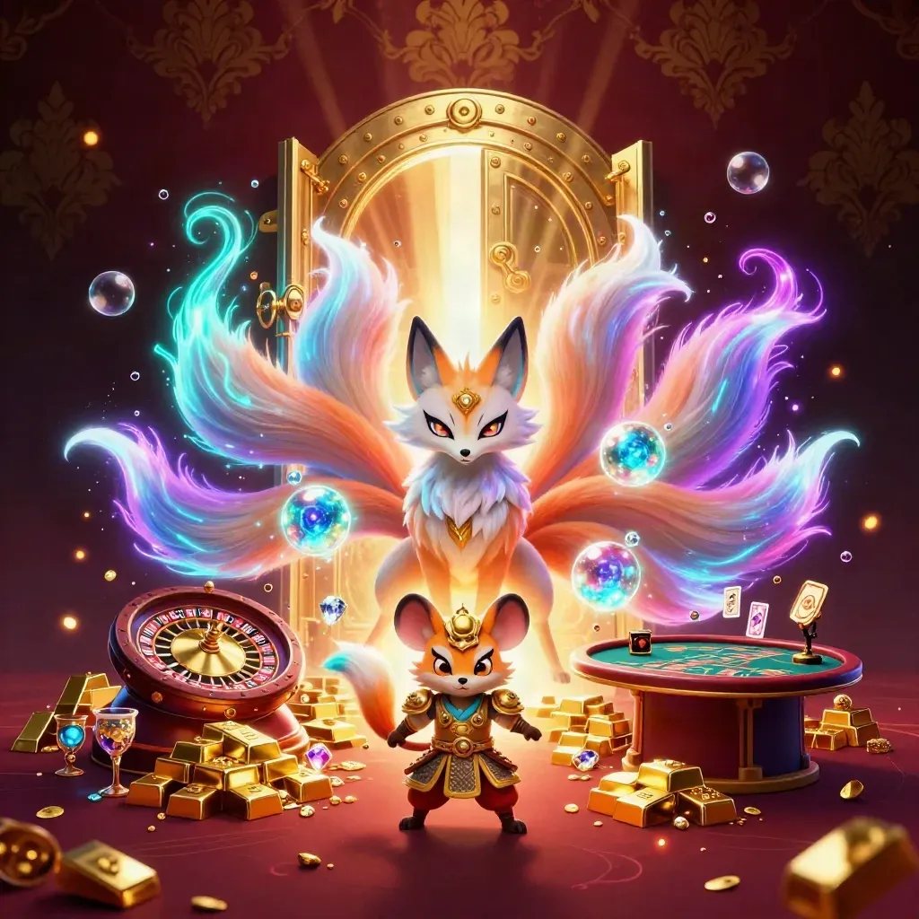 Fox spirit and armored mouse amid a bursting golden vault, roulette, cards, and neon casino glow.