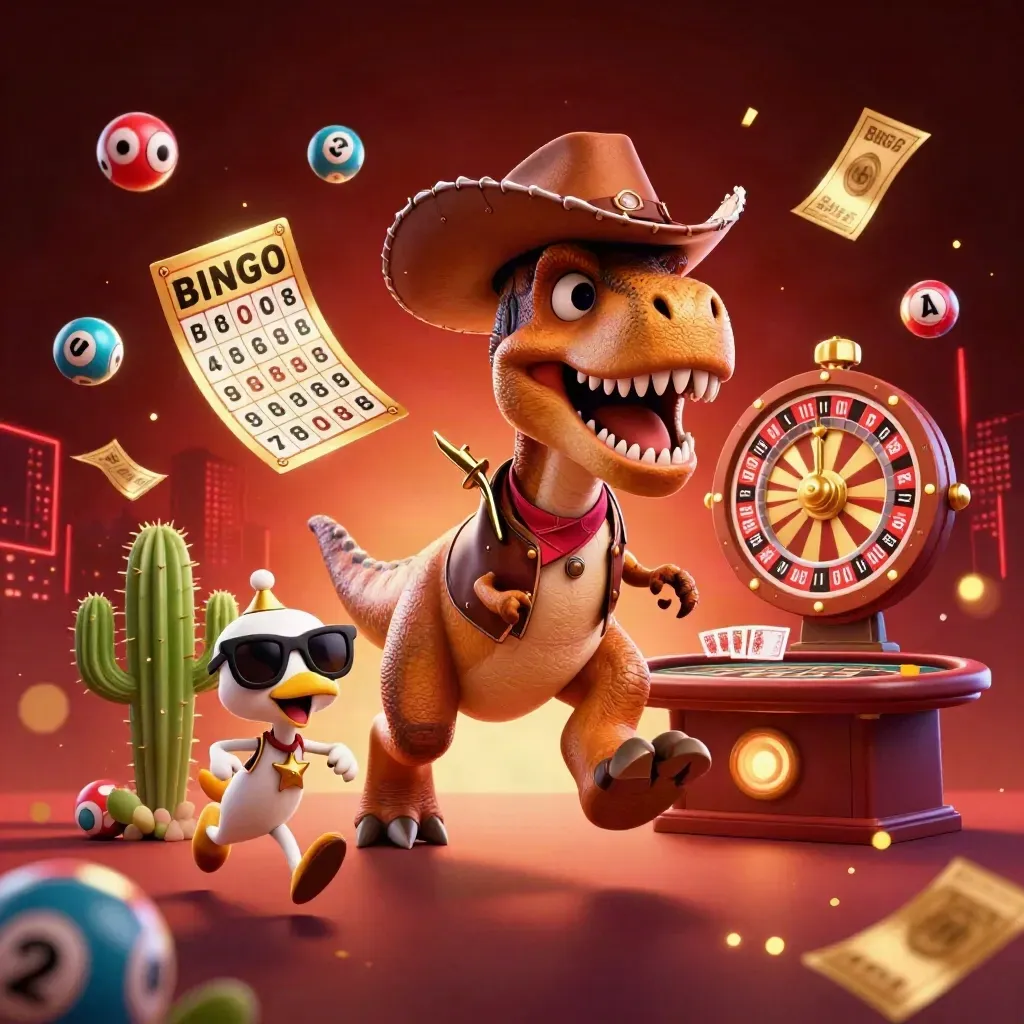 Cowboy T-Rex, cactus sidekick and roadrunner amid casino burst, cyan neon and gold on dark red.