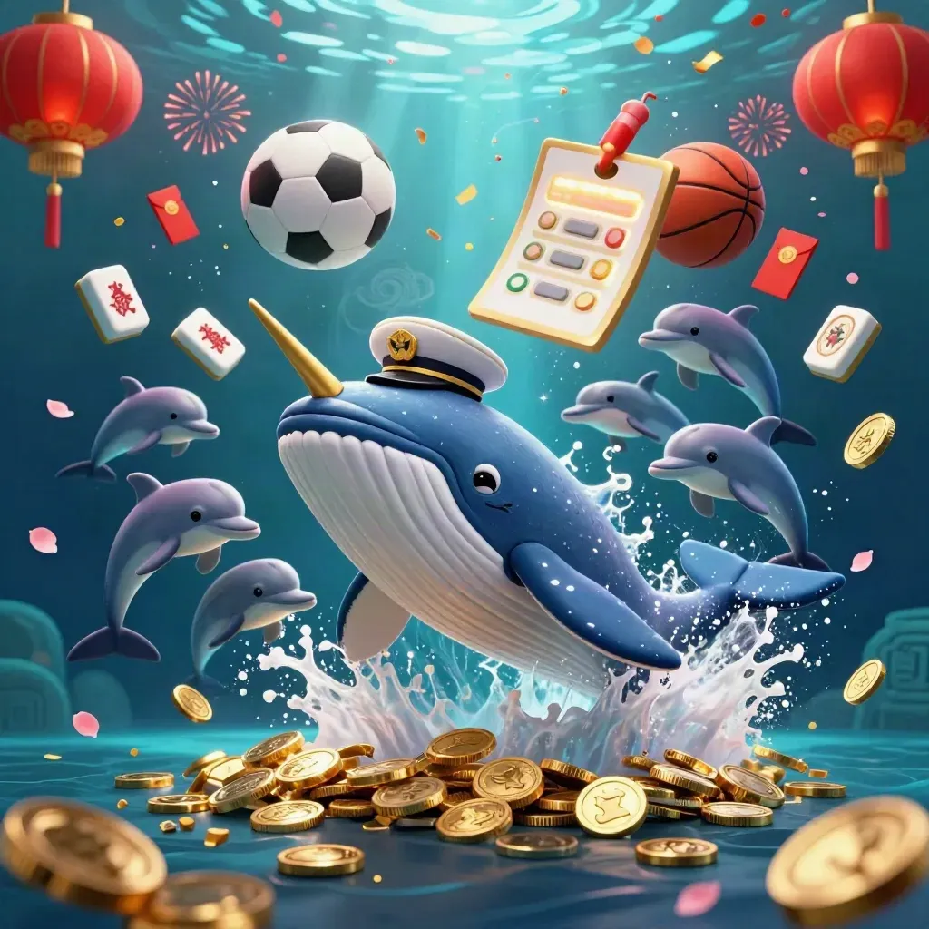 Whale, narwhal, and dolphins in underwater casino sports action with coins and glowing effects.