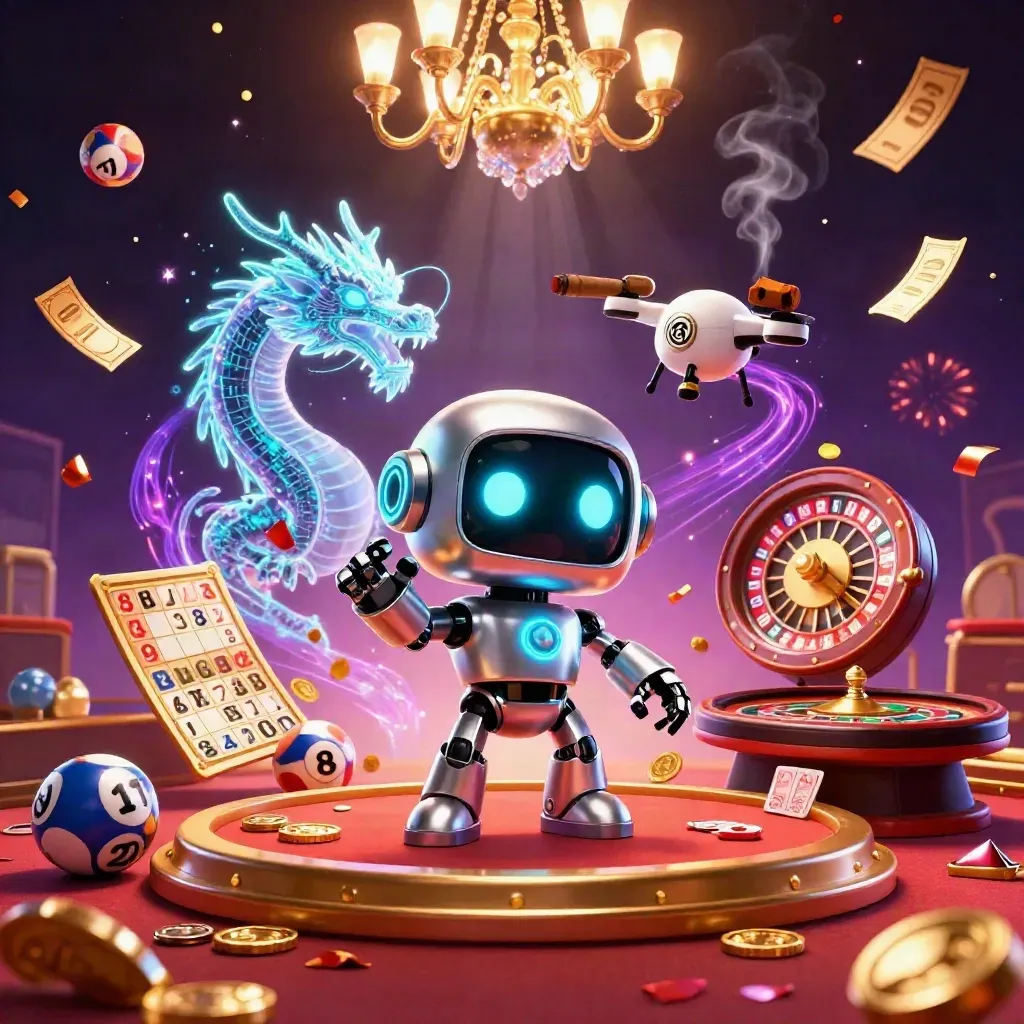 Robot, holographic dragon and coin drone amid casino magic, brass and gold glow.