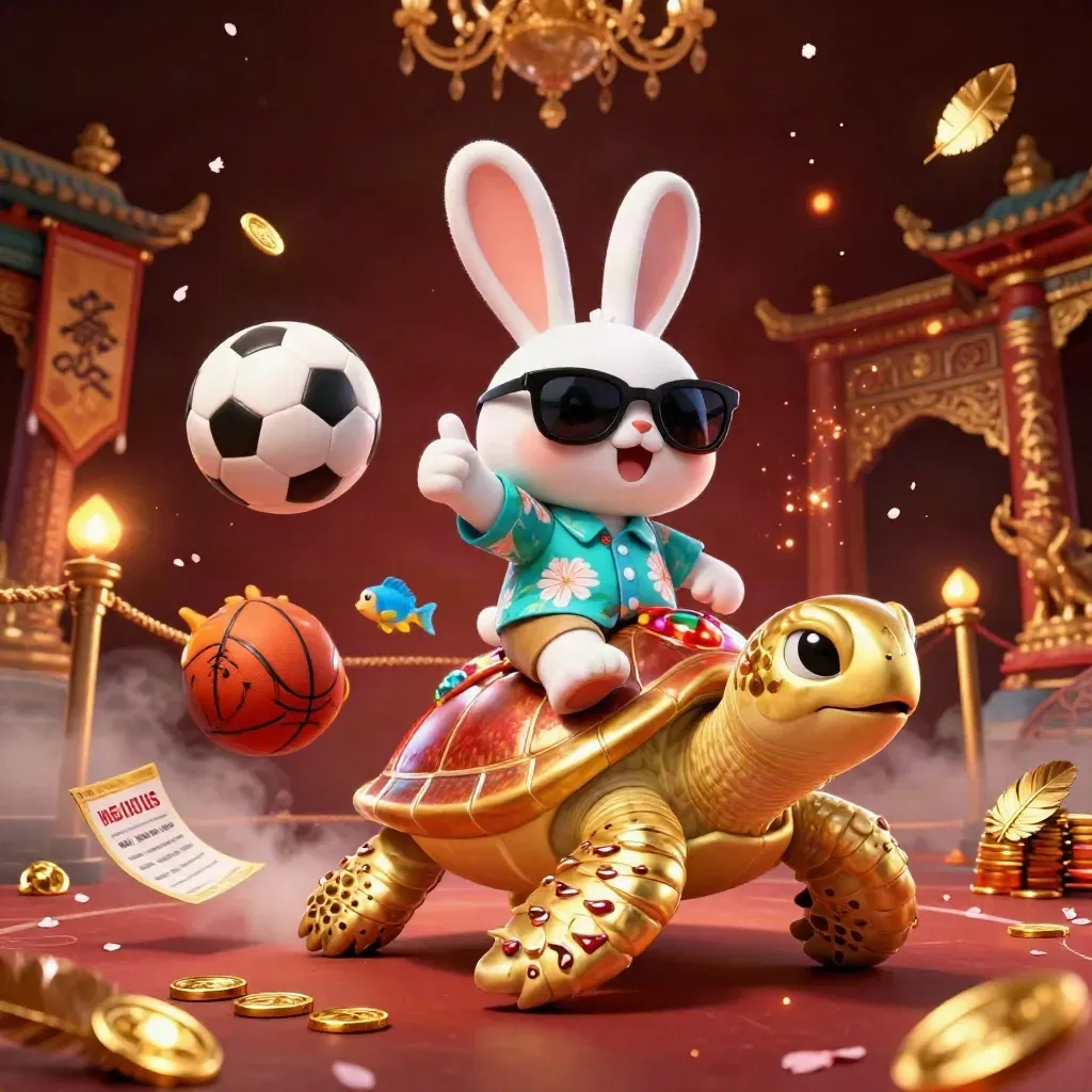Rabbit on a golden turtle amid casino-sport effects, coins, fish, and glowing temple lights.
