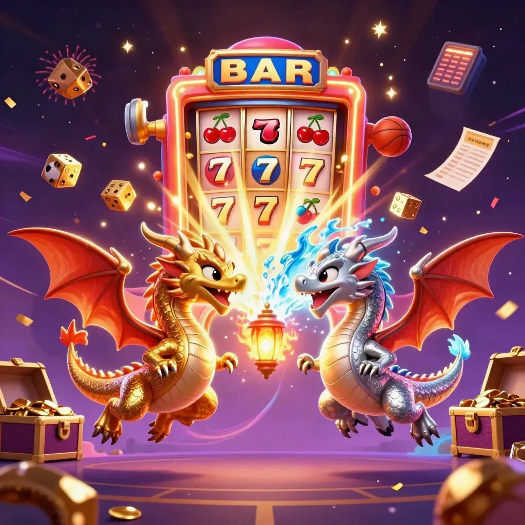 Twin gold and silver dragons spiral around a lantern spirit as casino symbols burst through a starry purple sky.