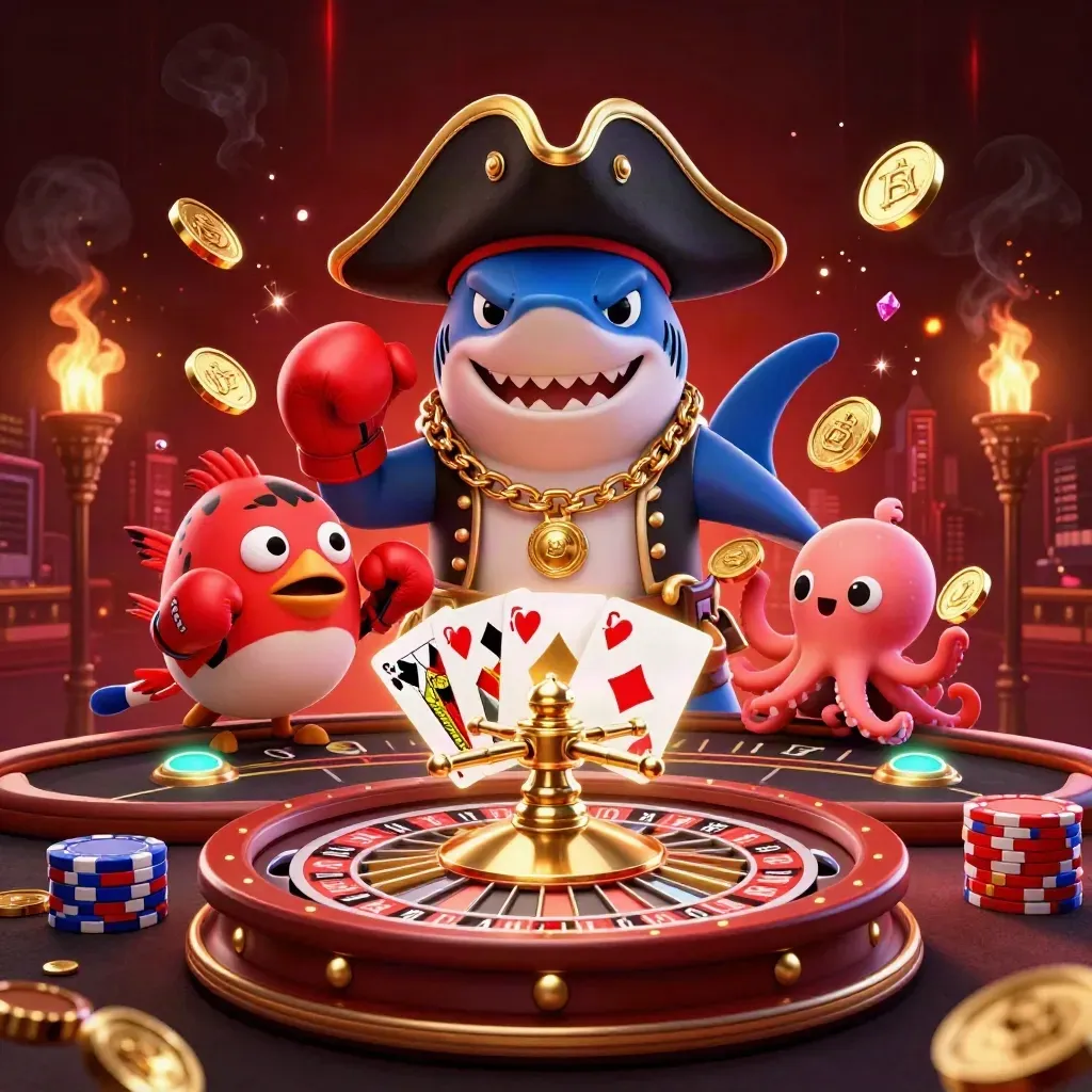 Shark pirate, pufferfish, and octopus in a premium casino splash with coins, chips, cards, and neon lights.