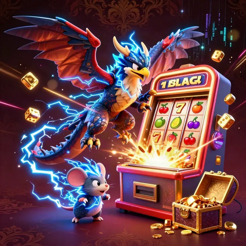 Thunder dragon, wind hawk and mouse amid exploding slot machine, gold, lightning and casino sparks.