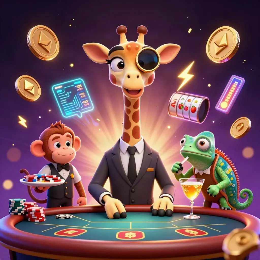 Giraffe VIP, monkey valet, and chameleon bartender amid glowing crypto coins and casino sparks.