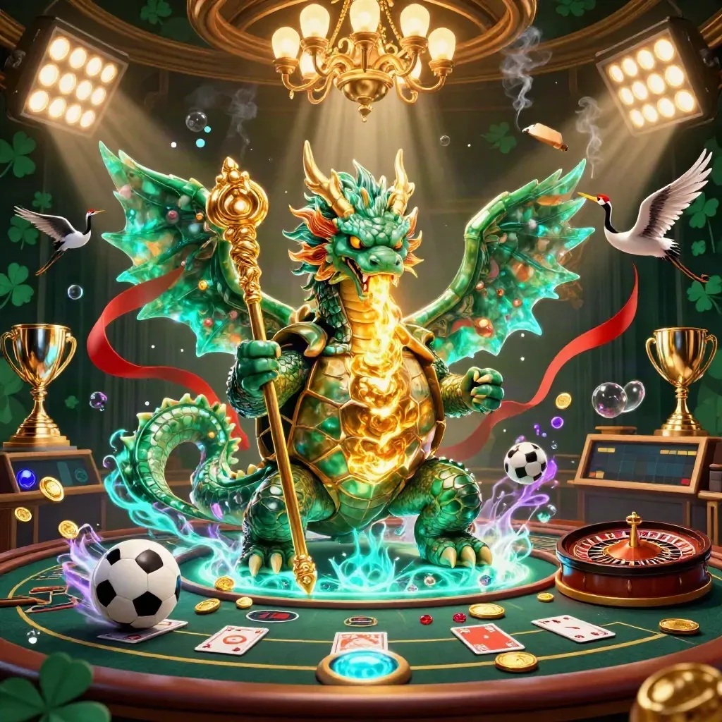 Dragon, turtle sage, and cranes amid casino luxury, sports icons, coins, and glowing lights.