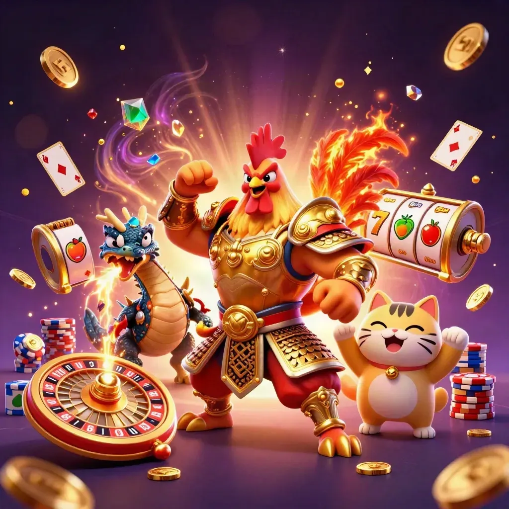 Rooster warrior, dragon hatchling, and fortune cat amid coins, gems, roulette wheel, and casino glow
