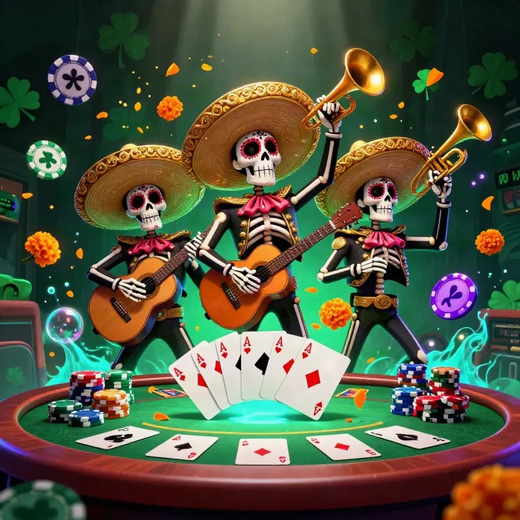 Day-of-the-Dead skeleton mariachi trio amid poker chips, cards, cyan glow, and casino magic