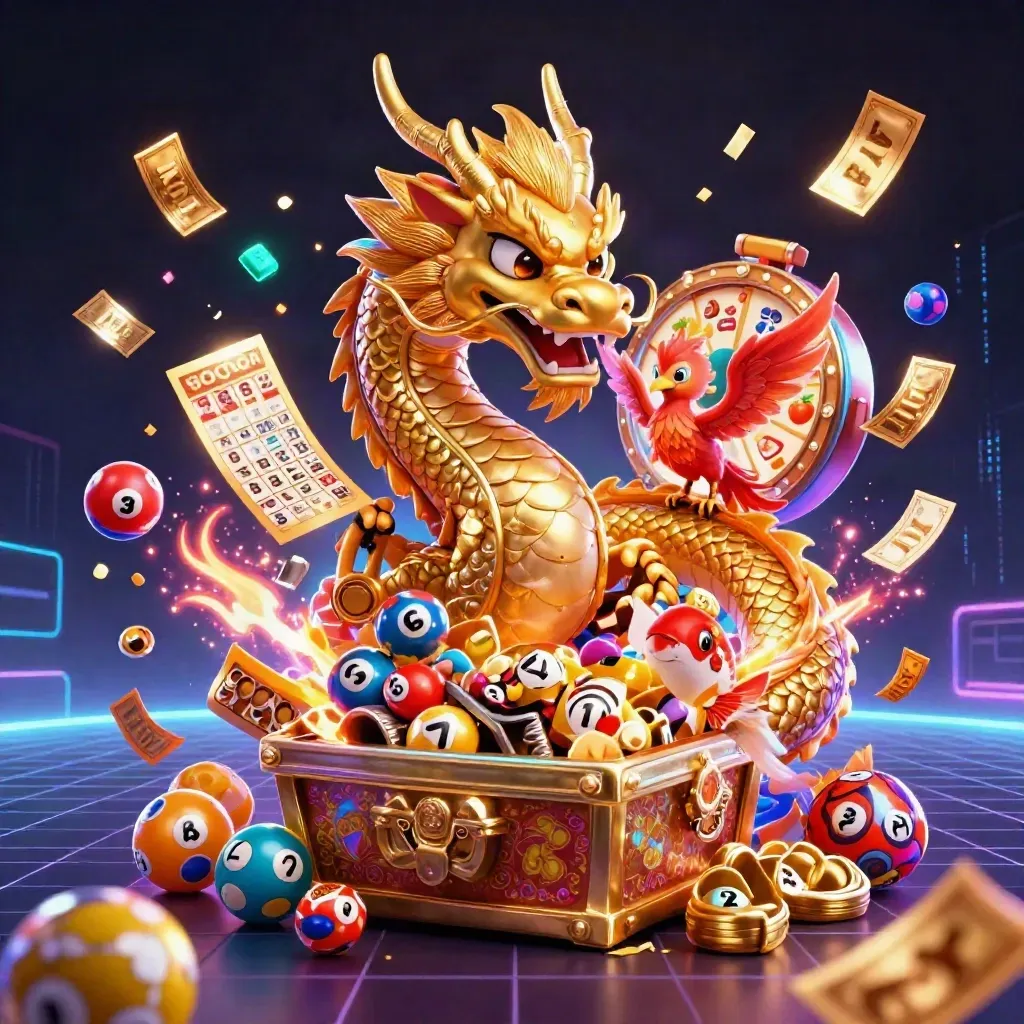 Dragon, phoenix, and koi burst with casino loot in neon cyan on a dark futuristic grid.