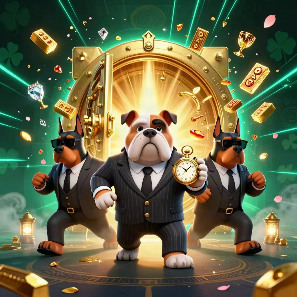 Three suited bulldogs burst from a glowing vault amid gold, gems, petals, and cyan energy