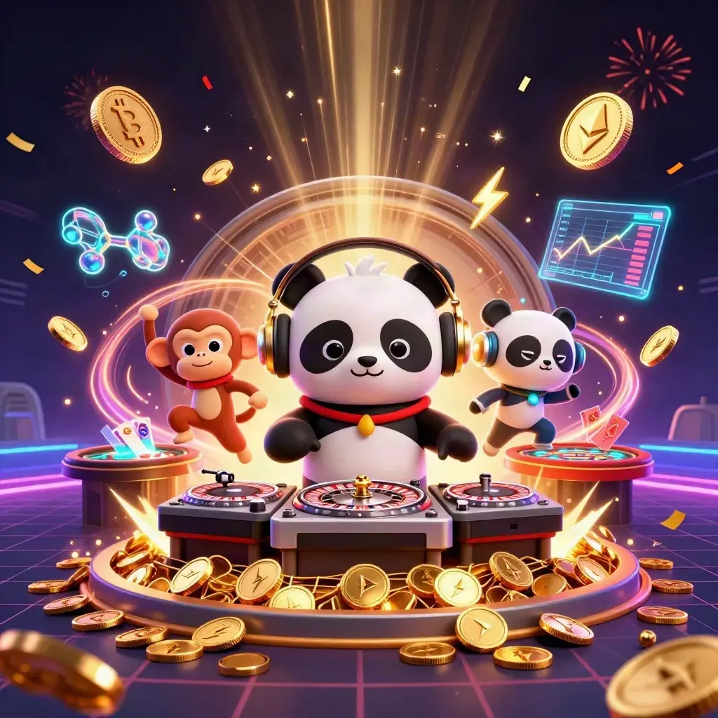 DJ panda, monkey, and neon kitten in a vault burst with coins, fireworks, and casino tech.