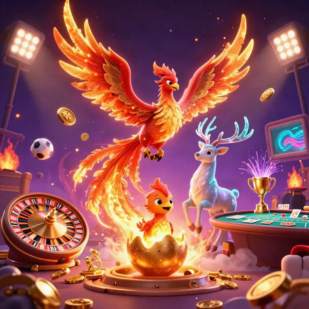 Phoenix, stag, and coins erupt from a vault in a premium casino fantasy scene.
