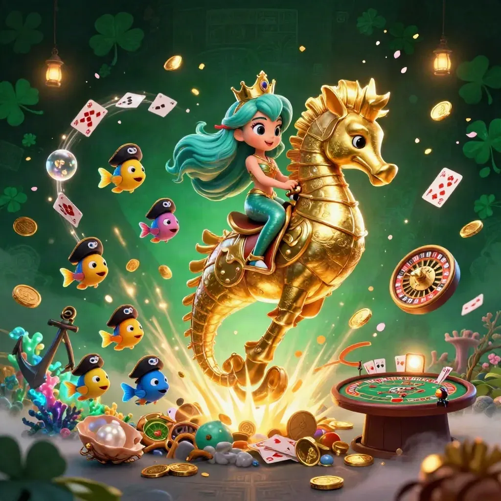 Mermaid princess on armored seahorse amid coins, cards, coral, roulette, and casino magic.