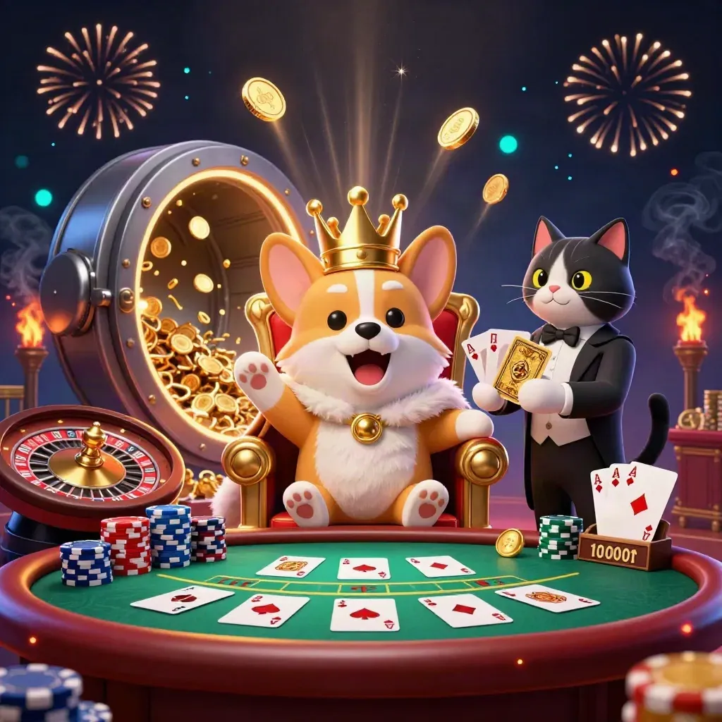 Royal corgi and cat butler amid coins, cards, fireworks, and casino glow