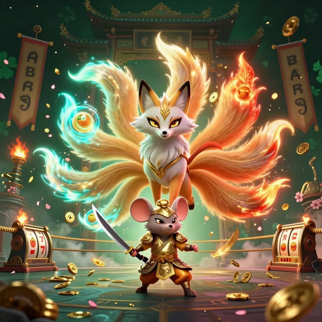 Nine-tailed fox spirit and armored samurai mouse amid casino relics and glowing reels.