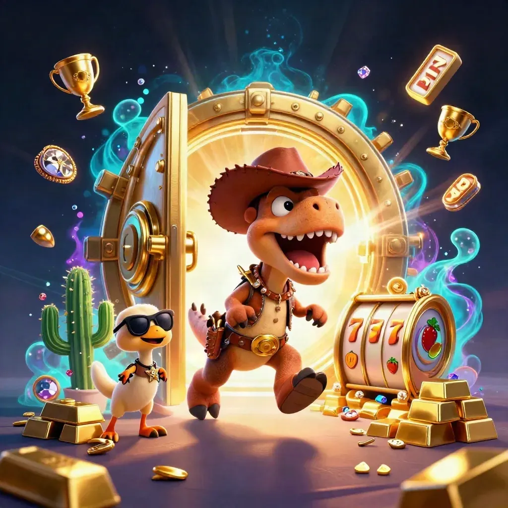Cowboy T-Rex, cactus sidekick, and sheriff roadrunner burst from a glowing gold vault.