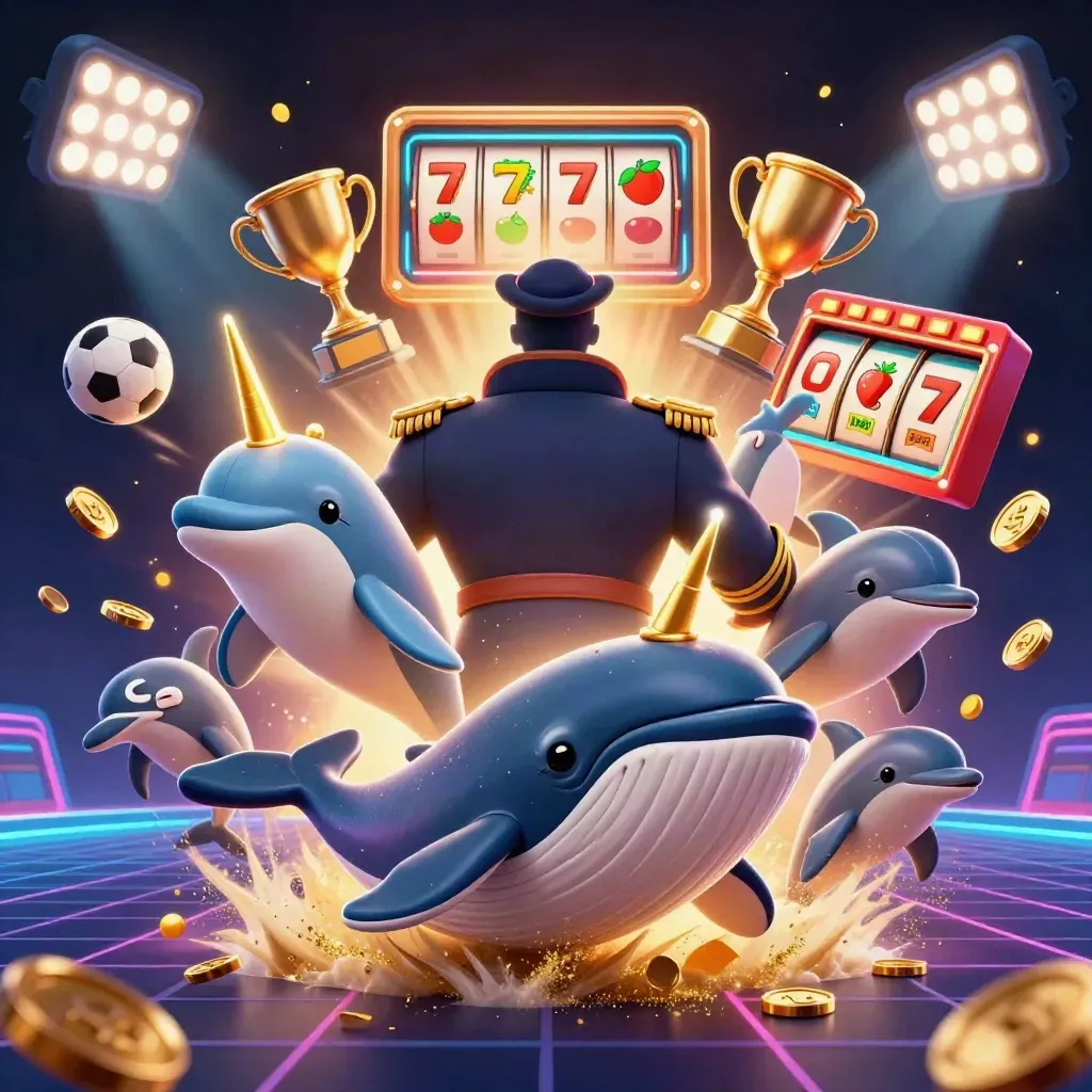 Whale captain, narwhal, and dolphins burst through coins with casino game effects in neon cyan and gold.