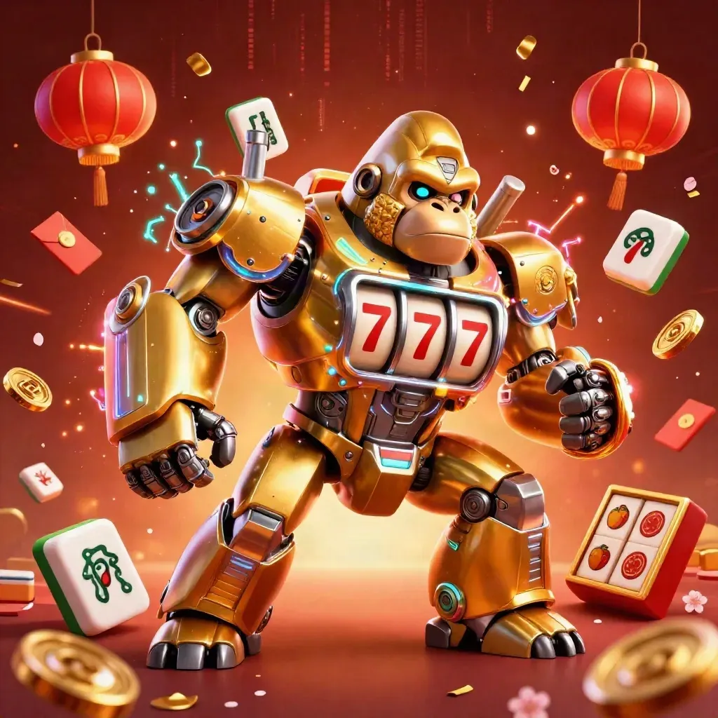 Golden gorilla mech with tiny monkey pilot amid slot reels, lanterns, coins, and neon casino energy.
