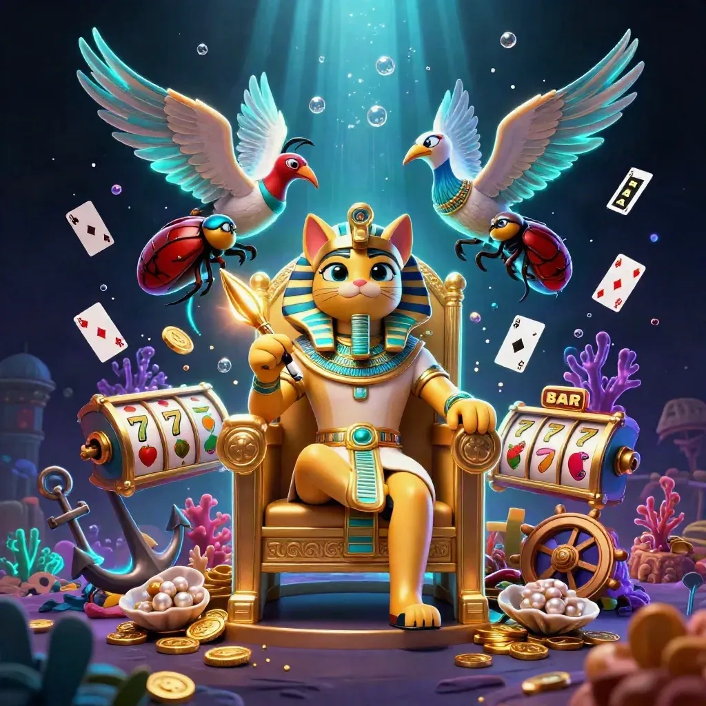 Pharaoh cat throne hero with ibis scribe, scarabs, and underwater casino loot