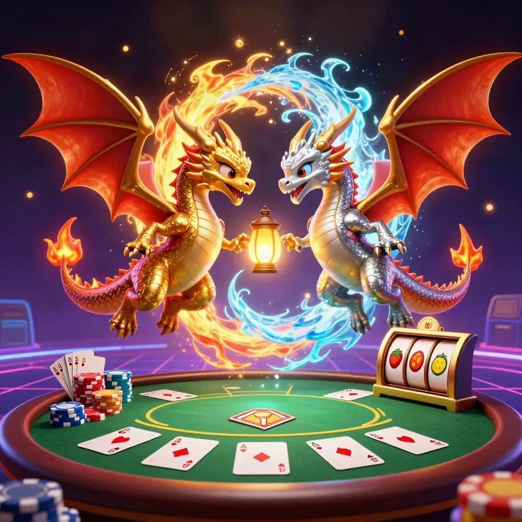 Twin gold and silver dragons spiral around casino cards, chips, reels, and a tiny lantern spirit.